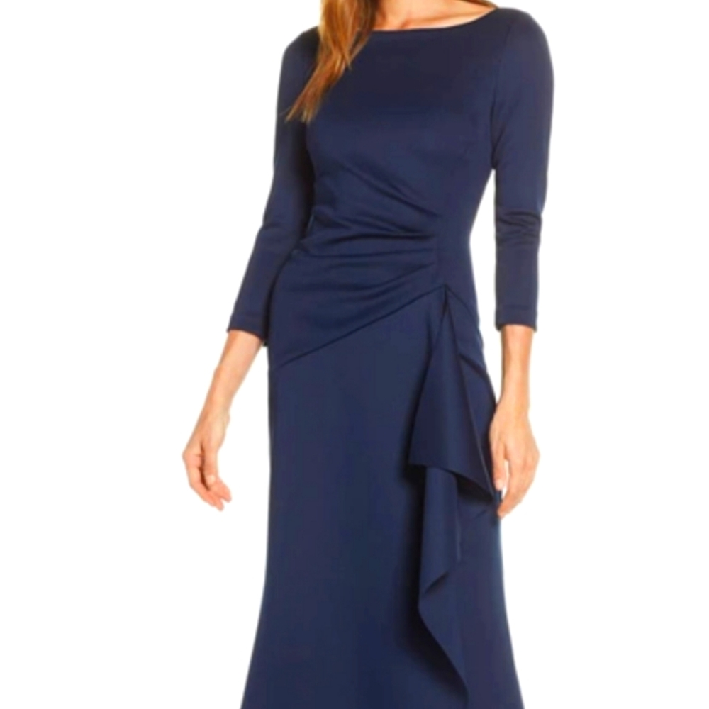 Eliza J Womens Navy Scuba Trumpet 3/4 Sleeve Full-Length Formal Gown Dress